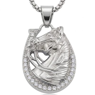 Zilverkleurige ketting met hoefijzer en paardenhoofd hanger – ketting voor heren en dames – dierenhanger – met strassstenen – gelukssymbool