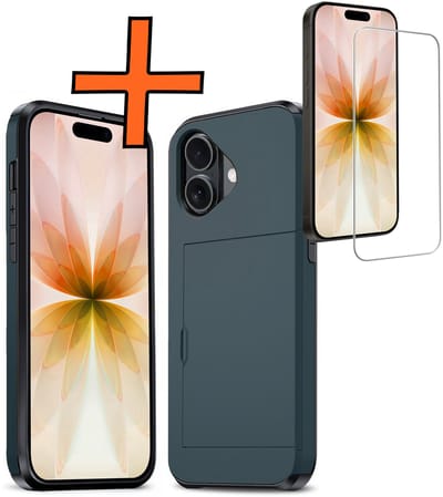 Hoesje Geschikt voor iPhone 17 Hoesje Pasjeshouder Shockproof Hard Case Met Screenprotector - Hoesje Geschikt voor iPhone 17 Hoes Met Kaarthouder - Donkerblauw