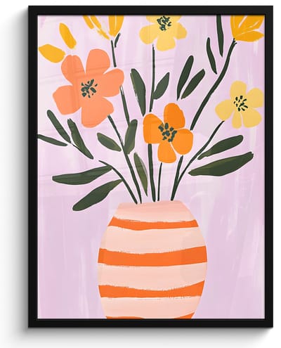 Poster in lijst - Fotolijst 50x70 cm - Posters - Vaas - Gestreept - Bloemen - Oranje - Posterlijst zwart - Decoratie - Wanddecoratie woonkamer - Muurdecoratie slaapkamer