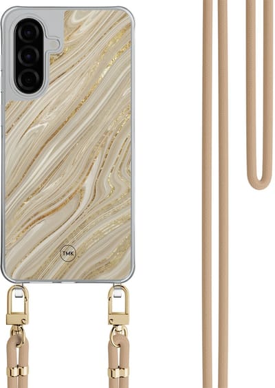 Telefoonhoesje met koord geschikt voor Samsung A56 - Golden marble - Inclusief Beige koord - Transparant, Goud - Marmer - Crossbody beschermhoes - Met Telefoonketting