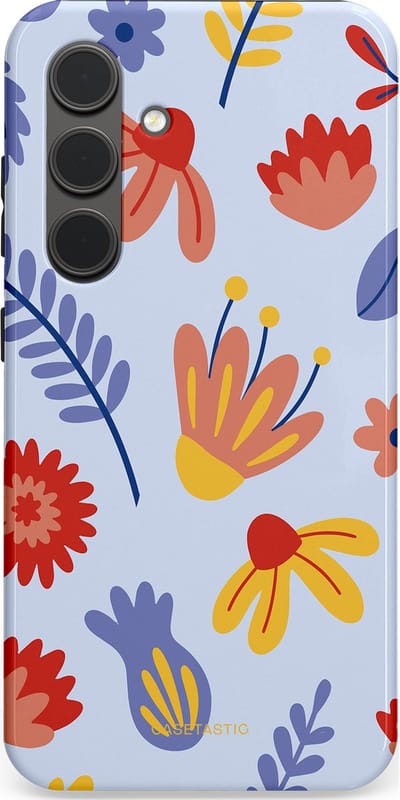 Casetastic hoesje geschikt voor Samsung Galaxy S24 - Dubbellaagse bescherming - Bloemenwind - Fashion Case - Lichtblauw Terracotta Geel