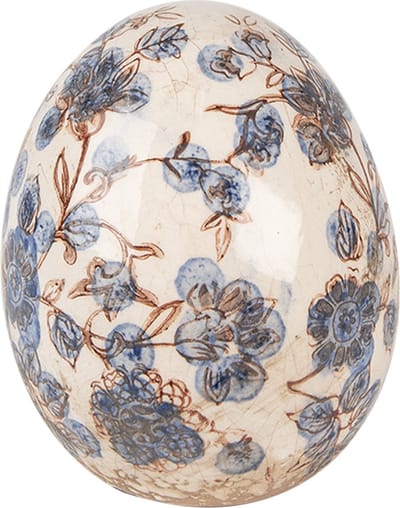 Clayre & Eef Decoratie Ei Ø 11x14 cm Beige Blauw Keramiek Bloemen