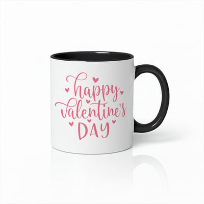 Happy Valentine’s Day Mok 330ml – Wit-Zwarte Koffiemok met Elegante Roze Lettering – Romantisch Cadeau voor Haar