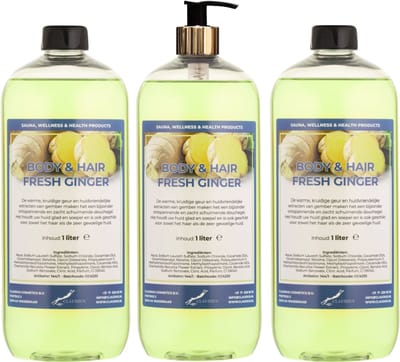 Body & Hair Fresh Ginger 1 liter met gouden pomp - set van 3 stuks - 2 in 1 voor lichaam en haar - voordeelverpakking