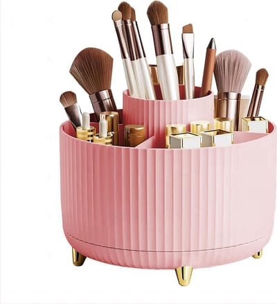 Bureau-organizer - Make up organizer - Opbergdoos - Skincare organizer - 360 graden draaibare pennenhouder - met 5 sleuven - voor bureau-organisatie - Draaibare vaste organizer - antislip - voor thuis, school, kantoor (roze)