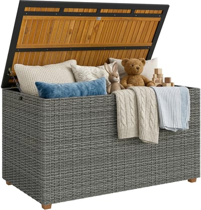 Outsunny Rattan Opbergbox-Acaciahout, PE-rattan-120L x 68B x 67,5H cm-Donkergrijs