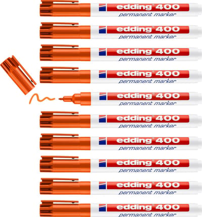 edding 400 permanent marker - oranje - 10 stiften - ronde punt 1 mm - watervast, sneldrogend - wrijfvast - voor karton, kunststof, hout, metaal, glas