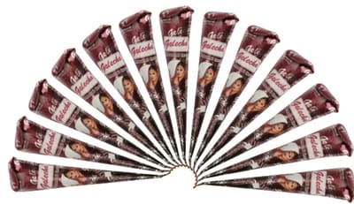 Golecha 100% Natuurlijke Henna Kegels (12st) Rood-Bruin Kant-en-Klaar Vrij van PPD & Chemicaliën 300g Mehendi Set voor Tijdelijke Tattoos & Bruidshenna Veilig voor de Huid & Direct Gebruik met Kajal Sticker