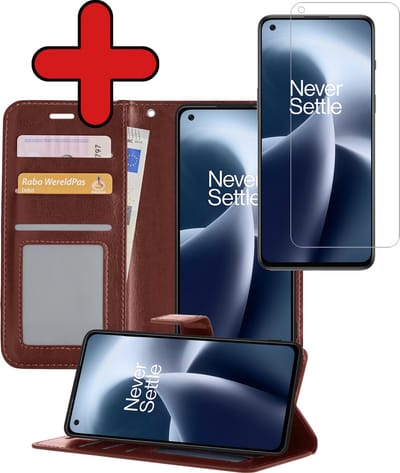 Hoesje - Met Screenprotector - Geschikt voor OnePlus Nord 2T - Luxe Pasjeshouder - Flipcase - Bookcase Portemonee - Flip Case - Kunstleer Book Case - Book Cover - Walletcase - Portemonneehoes - Telefoonhoes - Bruin