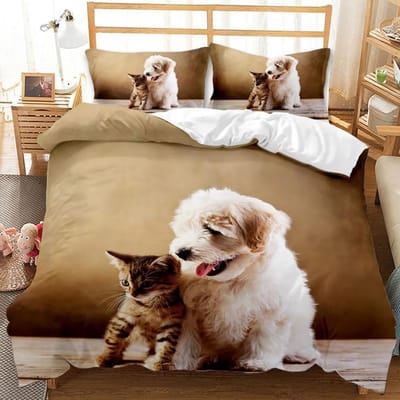 Honden- en Katten Dekbedovertrek Schattig Cartoon Puppy Dierlijk Design Beddengoedset Lieflijke Kitty Dubbel Queen King Size Polyester Quilt Overtrek 70x133cm 2pcs