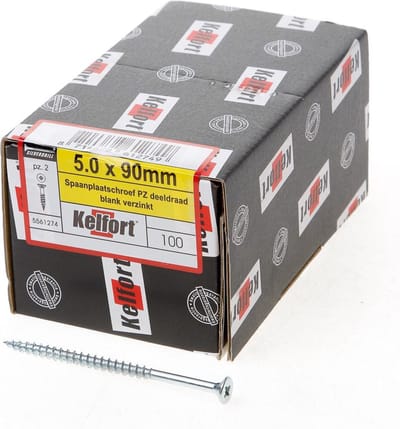 Kelfort Spaanplaatschroef platverzonken kop verzinkt pozidriv deeldraad 5.0 x 90mm (100 stuks)