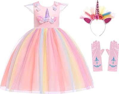 Unicorn prinsessenjurk - Prinsessenjurk meisje - Eenhoorn - Haarband - Het Betere Merk - maat 110/116 - Verkleedkleren Meisje - Roze - Prinsessenhandschoenen