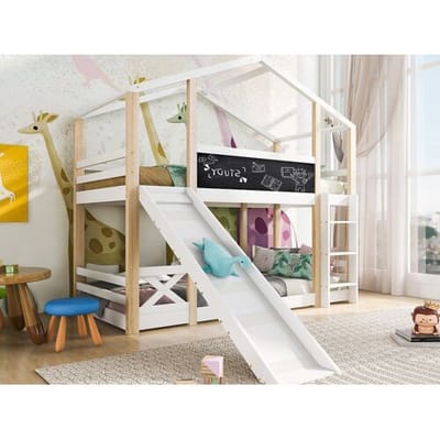 Merax Cabine stapelbed - 2 x 90 x 200 cm - grenen en MDF - glijbaan, ladder en lattenbodem - kleuren: naturel en wit