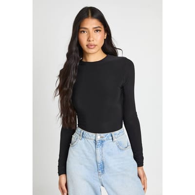 boohoo Dames Lang Dubbele Laag Slinky Lange Mouw Ronde Hals Bodysuit | Black | Maat: 6