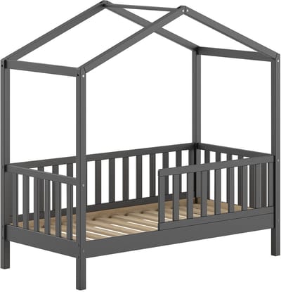 Kinderbed Dallas - 70x140 Cm - Antraciet/massief Grenen - Vipack - Huisbed - Antraciet - Hout Eenpersoons Normaal Bed