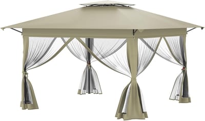 Tuinpaviljoen 4x4m - Partytent Gazebo - Buitenfeesten Organiseren - Dubbele Verdiepingen - 16 Vierkante meter - Kaki