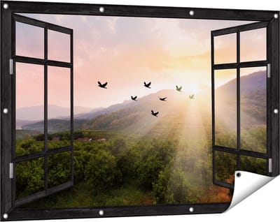 Gards Tuinposter Doorkijk Silhouet Zwerm Vogels bij Zonsondergang - 120x80 cm - Tuindoek - Tuindecoratie - Wanddecoratie buiten - Tuinschilderij