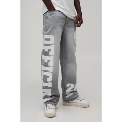 Relaxed Rigid Officiële Varsity Print Denim Jeans | Ice Grey | Size 28