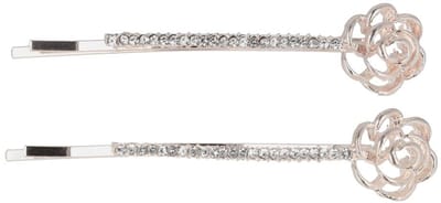 Haarsoires Haarspeld Schuifspeldjes 6cm - Roos Bloem Strass - Zilver - Set van 2 - Haarklem - Haarclip - Haaraccessoires voor Dames & Kinderen - Hair Clip - Decoratieve Haaraccessoire