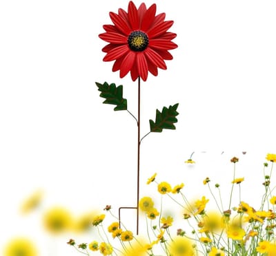 Metalen Tuinharingen - Decoratieve Stokken - Tuin Decoratie - Zonnebloem Ontwerp - 69 x 20 cm - Rood