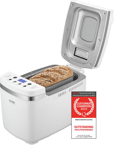 TZS First Austria Broodbakmachine, 900 tot 1350 gr Brood - Timer - 14 Bakprogramma's - 850W - Wit