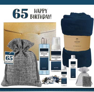 Geschenkset “65 Jaar Happy Birthday!” - 7 Producten - 1100 Gram - Triomf Cosmetica | Giftset voor hem Luxe wellness cadeaubox Cadeau man Verjaardag Veertig Gefeliciteerd Gift Sixty five years Party Cadeaupakket Deluxe Vriend Verjaardagscadeau Blauw