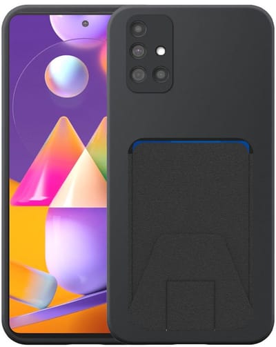 Geschikt voor Samsung Galaxy M31S Telefoonhoesje met Verstelbare Leren Pasjeshouder - Flexible Back Cover Case Siliconen TPU with Adjustable Leather Cardslot - Zwart - Smartphonica geschikt voor Samsung Galaxy M31s