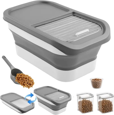 Dailygoods - Droogvoer voor honden en katten, 5-10 kg, inklapbare kroketten met maatbeker, schep, 2 containers, container voor huisdieren, voederbak voor honden, katten, huisdieren, voederbox (grijs)