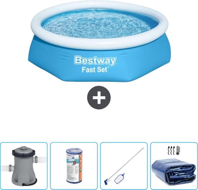 Bestway Rond Opblaasbaar Fast Set Zwembad - 244 x 61 cm - Blauw - Inclusief Pomp Filter - Schoonmaakset - Solarzeil