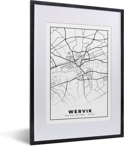 Fotolijst incl. Poster Zwart Wit- België – Wervik – Stadskaart – Kaart – Zwart Wit – Plattegrond - 30x40 cm - Posterlijst