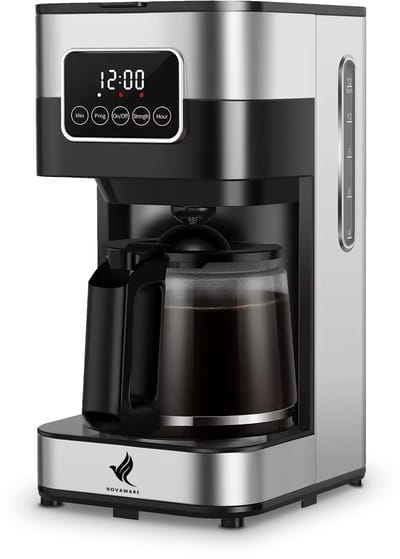 NovaWare Koffiezetapparaat Filterkoffie - 1.5L – Met Glazen Kan & Herbruikbaar Filter - Koffiemachines - Display – 12 Kopjes – Zwart/RVS