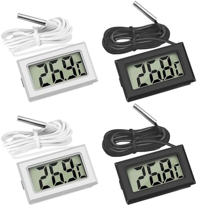 4 stuks - Waterdichte elektronische digitale thermometer - Digitale LCD-thermometer - Aquariumthermometer - 1 m kabel met sonde - Zwart - Wit - 48 * 28,5 * 15 mm - Geschikt voor koelkast, vriezer, koelkast, aquarium