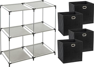 5Five Kastmandjes/opberg manden - zwart - 4x stuks van 29 Liter - Metalen rekje is 67 x 68 cm