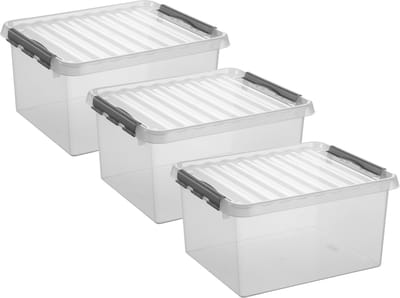 3x stuks sunware q-line opberg box/opbergdoos - 36 liter - 50 x 40 x 26 cm - kunststof - opslagbox - transparant/zilver