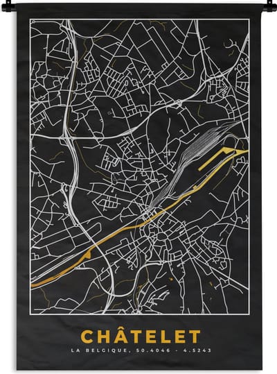 Wandkleed - Wanddoek - Châtelet - Kaart - Goud - Plattegrond - Stadskaart - 120x180 cm - Wandtapijt