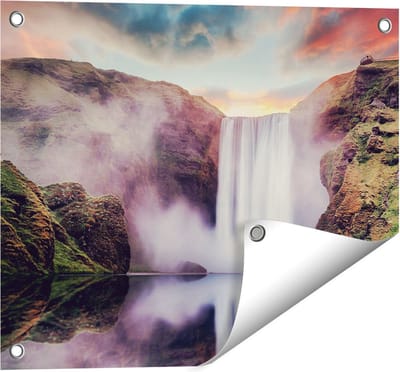 Gards Tuinposter Waterval met een Weerspiegeling in het Water - 50x40 cm - Tuindoek - Tuindecoratie - Wanddecoratie buiten - Tuinschilderij