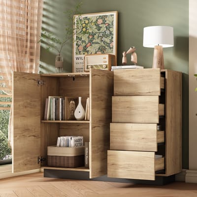 Kaptafel 110x35 -5x90 -5 cm - dressoir - bijzetkast met vier lades en twee deuren - zwart en houtkleur