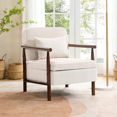 Witte fluwelen fauteuil - Mid-century moderne accentstoel - Leesstoel met lendenkussen - 83x66x73 cm - Met opbergruimte - Slaapkamer Wit