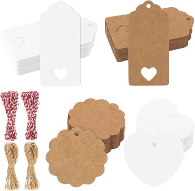 Dailygoods - 400 stuks cadeaulabels van kraftpapier, papieren hangers met koord, hangers voor bruiloftsdecoratie, Kerstmis, cadeauverpakking, handwerk (bruin, wit)