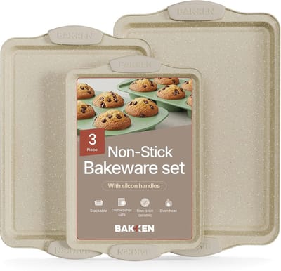 Professionele 3-delige bakvormen set met antiaanbaklaag en siliconen handgrepen - Stapelbare en vaatwasmachinebestendige bakpannen