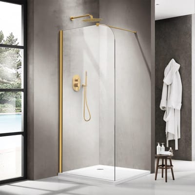 FugaFlow Eccelente Vetro Inloopdouche - 120x200cm - afgeronde glaswand - helder glas - wandarm - geborsteld messing PVD (Goud)