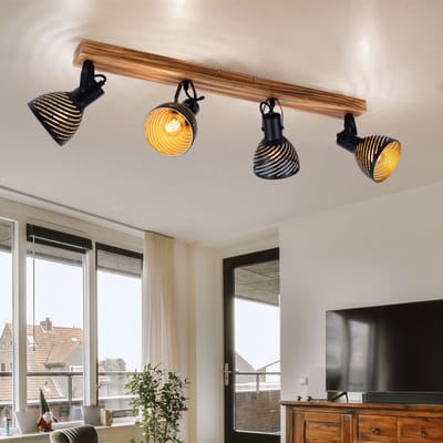 Plafondlamp bruin goudkleurige spots 4 vlammen Woonkamerlamp met verstelbare spots, metaal hout, 4x E27 fitting, LxBxH 80x12,5x25 cm