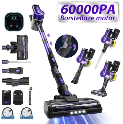 Grenintol Steelstofzuiger – Steelstofzuiger Draadloos – Draadloze Stofzuiger – 60000Pa /500W Touchscreen en Anti - Klit Borstel – Steelstofzuigers 2500 mAh Accu – 60 minuten – 1,2L Stofbak - Geschikt Voor Tapijt, Harde Vloeren en Dierenhaar – Paars