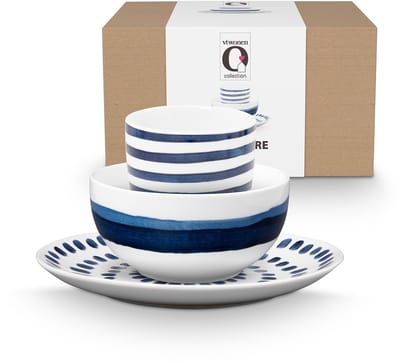 vtwonen - Beschilderde Ontbijtset - Ontbijtbord, Ontbijtkom, Mok zonder Oor - Blauw, Wit - Porselein - Serviesset van 3