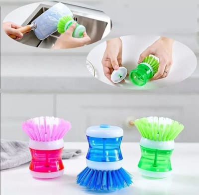 3X afwasborstels met reservoir Geel Blauw Roze Afwasmiddeldispenser Set van 3 stuks Spoelborstel  Keukenborstel voor schotelpan gootsteenreiniging Afwasborstel met geïntegreerd afwasmiddelreservoir
