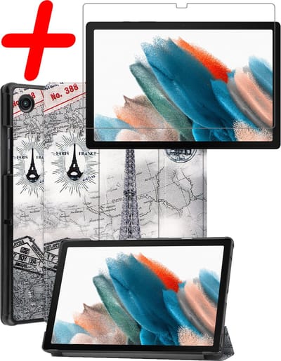 Hoesje Geschikt voor Samsung Galaxy Tab A8 - Met Screenprotector - Trifold Bookcase - Hard Cover - Hardcover Book Case - Tablet Hoes - Eiffeltoren