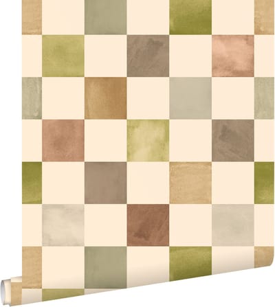 ESTAhome behang geblokt motief groen en bruin - 50 x 900 cm - 132176