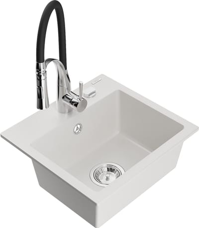 Mexen Milo granieten spoelbak 1-komor met keukenmengkraan Aster, wit - 6505-20-73450-07