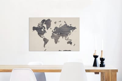 Wanddecoratie Metaal - Aluminium Schilderij Industrieel - Wereldkaart - Grijs - Hout - 90x60 cm - Dibond - Foto op aluminium - Industriële muurdecoratie - Voor de woonkamer/slaapkamer