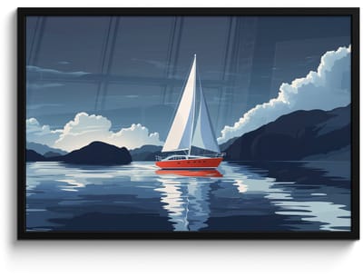Poster in lijst - Fotolijst 90x60 cm - Posters - Zeilboot - Donkere bergen - Stilte - Posterlijst zwart - Decoratie - Wanddecoratie woonkamer - Muurdecoratie slaapkamer